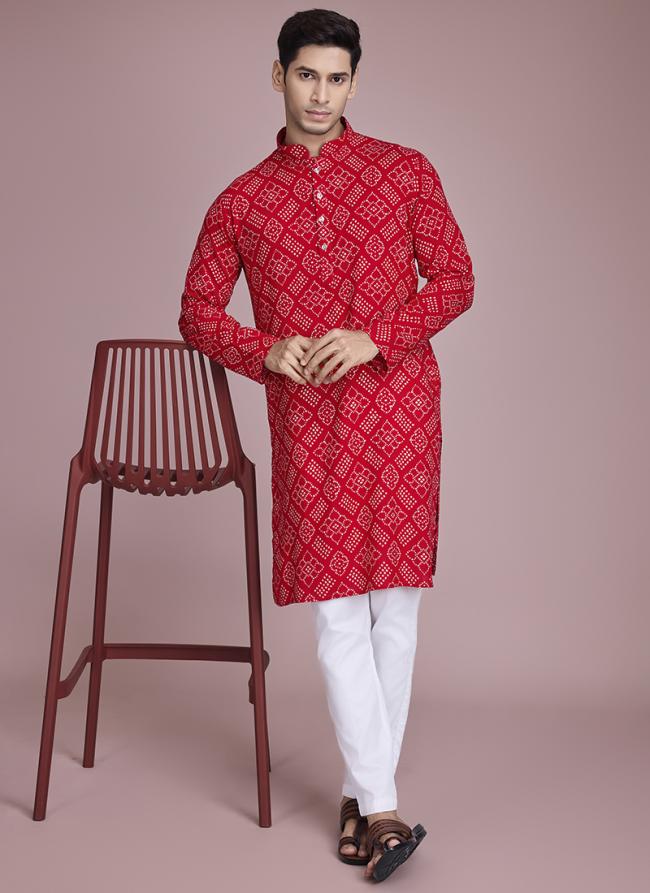 Rayon Red Festival Wear Printed Readymade Kurta